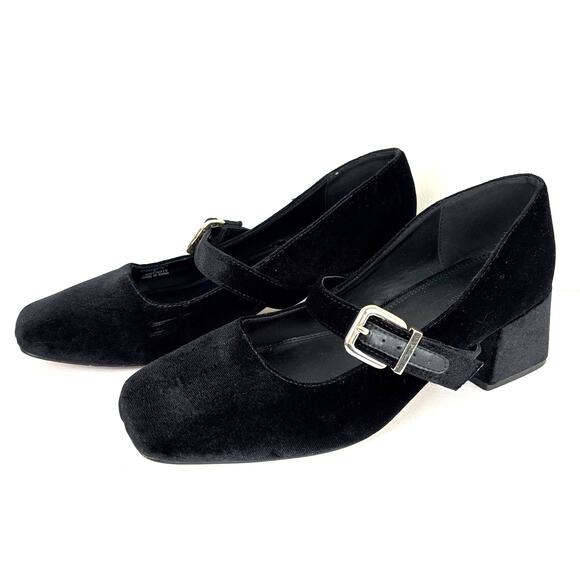 ASOS Black Square Toe Mary Jane Mid Heel Block Heel Velvet size 9 Twee Preppy - Picture 1 of 12